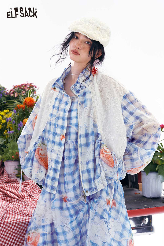 ELFSACK Strawberry Plaid Lace Patchwork Jacket