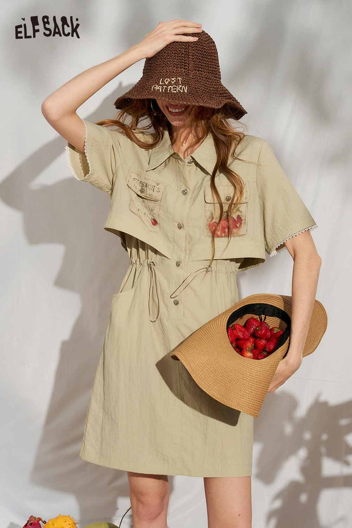ELFSACK Strawberry Print Fake Two Piece Shirt Dress