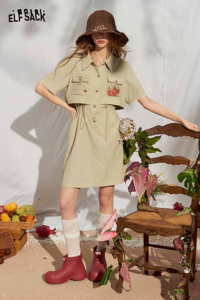 ELFSACK Strawberry Print Fake Two Piece Shirt Dress