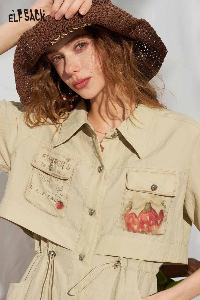ELFSACK Strawberry Print Fake Two Piece Shirt Dress