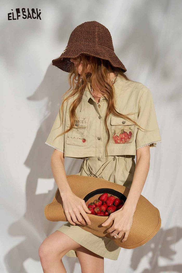 ELFSACK Strawberry Print Fake Two Piece Shirt Dress