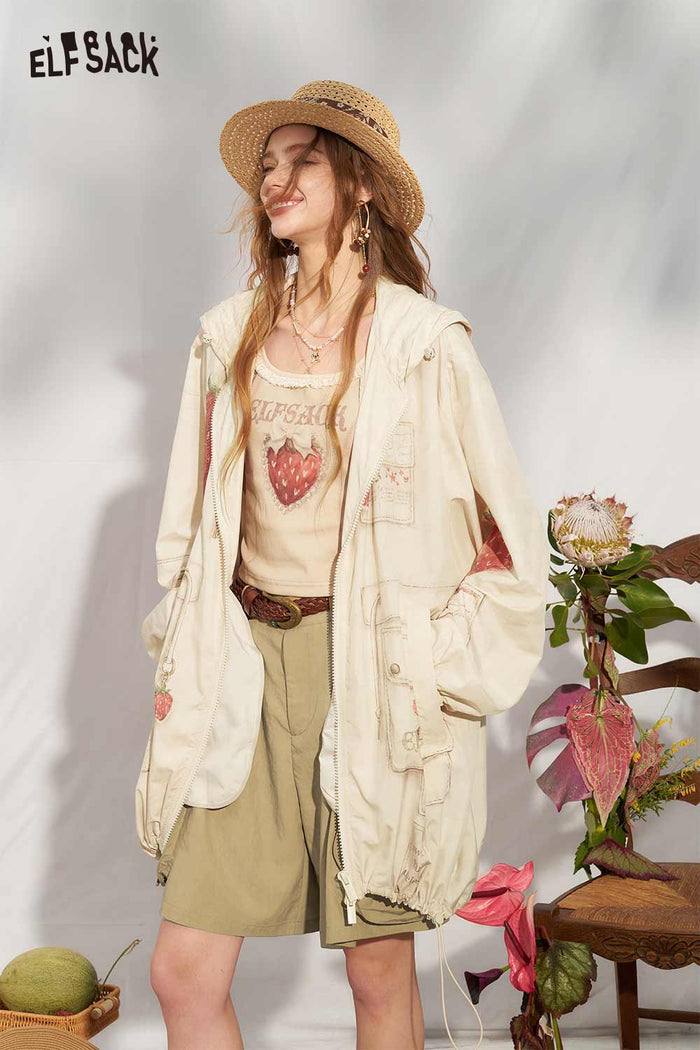 ELFSACK Strawberry Print Gothic Hooded Jacket