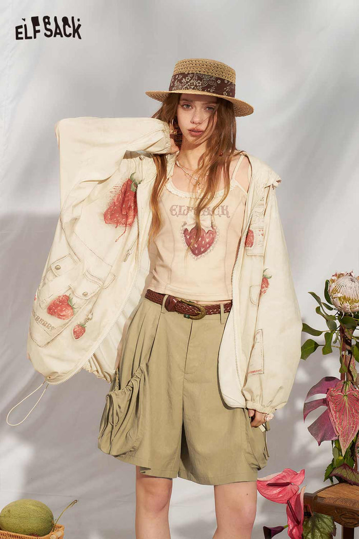 ELFSACK Strawberry Print Gothic Hooded Jacket