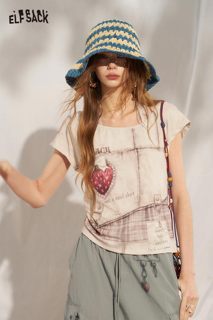 ELFSACK Strawberry Print Halter Fake Two Piece Tee
