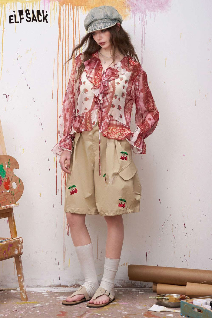ELFSACK Strawberry Print Ruffled Chiffon Blouse