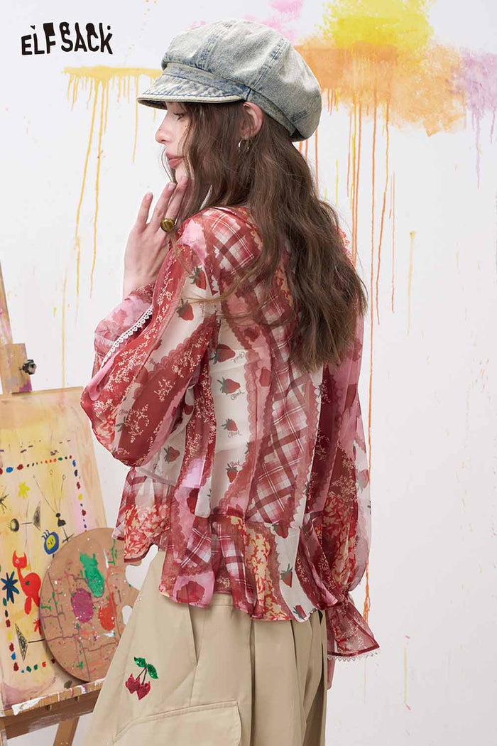 ELFSACK Strawberry Print Ruffled Chiffon Blouse