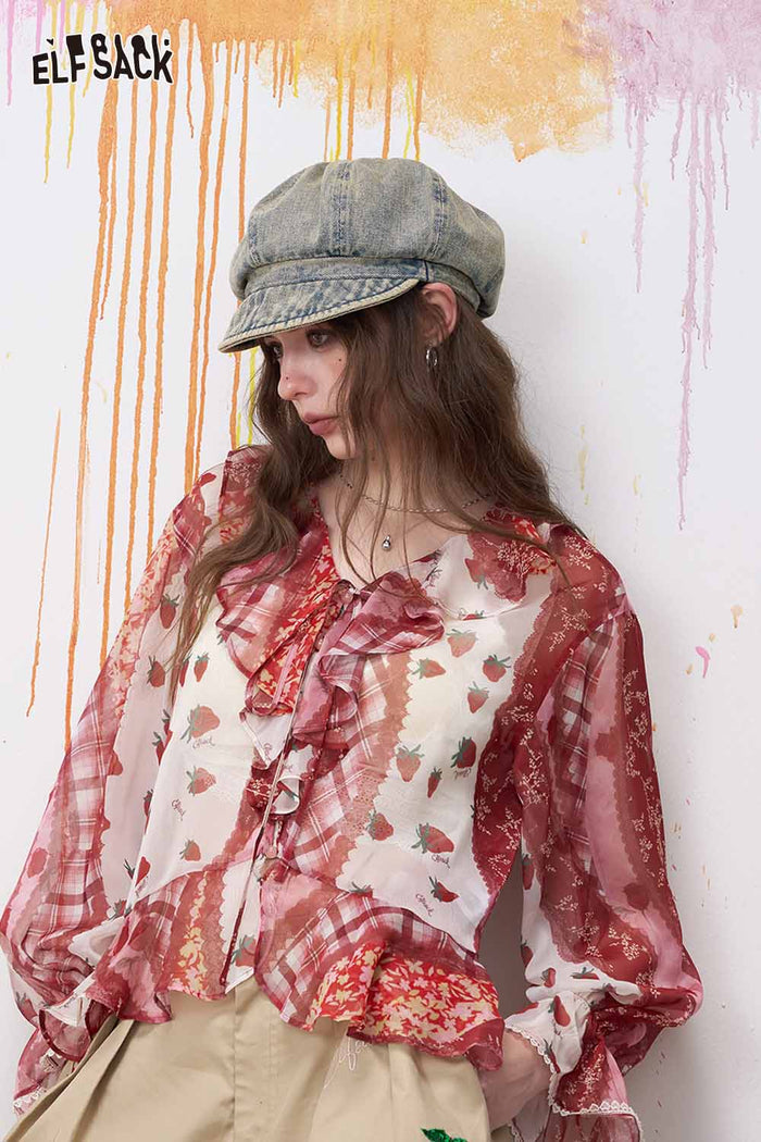 ELFSACK Strawberry Print Ruffled Chiffon Blouse