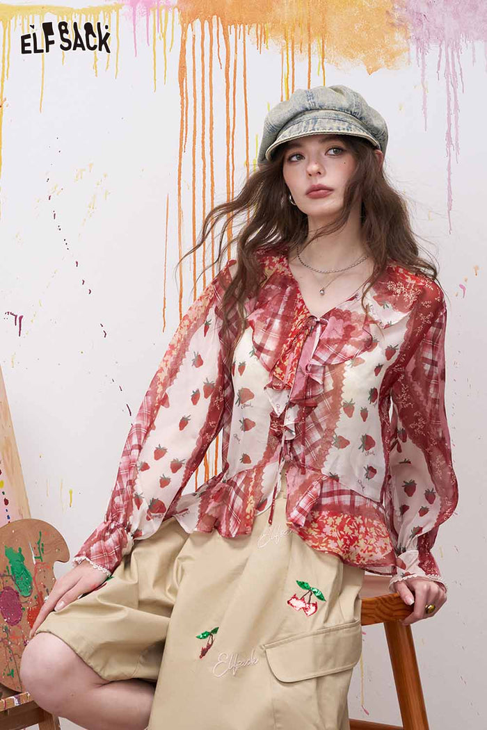 ELFSACK Strawberry Print Ruffled Chiffon Blouse