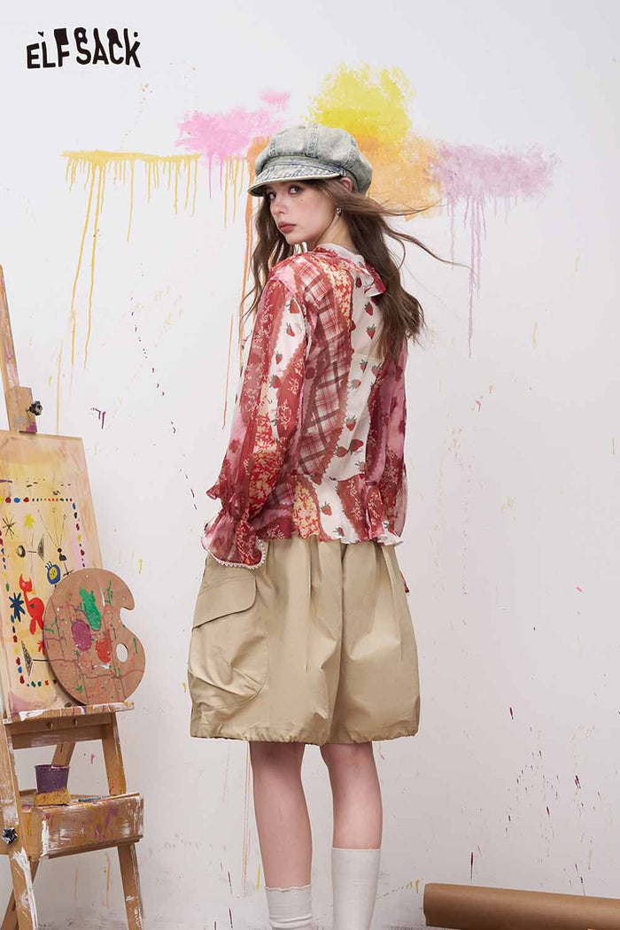 ELFSACK Strawberry Print Ruffled Chiffon Blouse
