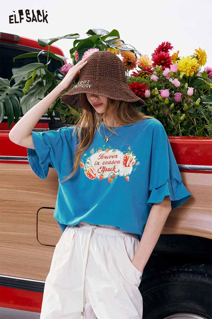 ELFSACK Strawberry Printed Ruffle Sleeve Tee