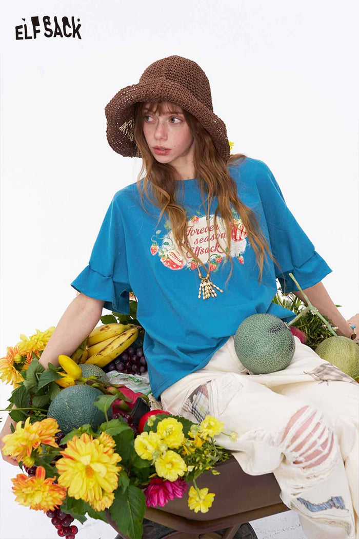 ELFSACK Strawberry Printed Ruffle Sleeve Tee
