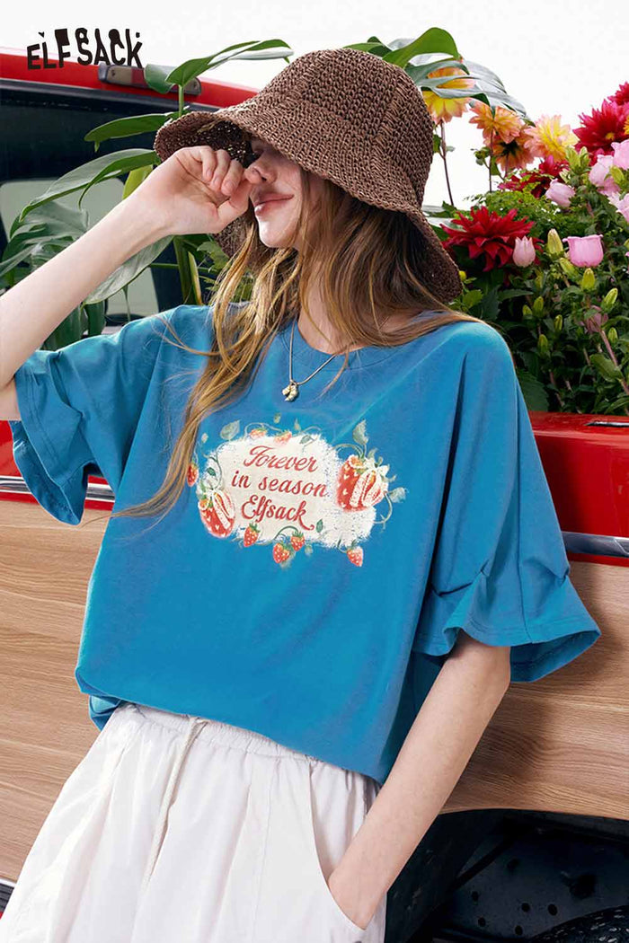 ELFSACK Strawberry Printed Ruffle Sleeve Tee