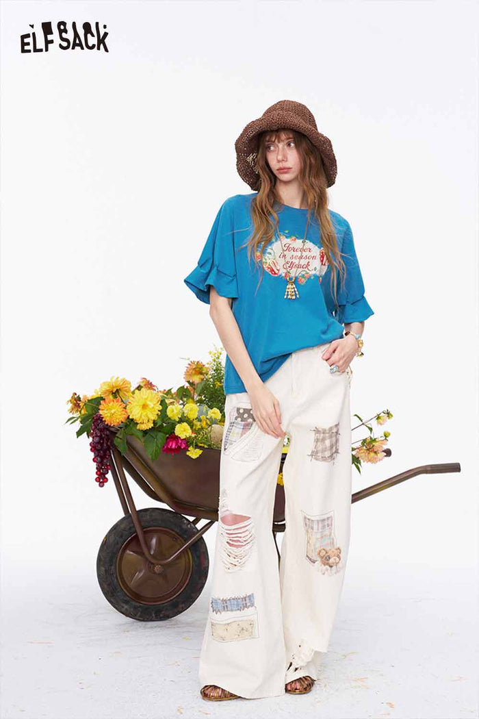 ELFSACK Strawberry Printed Ruffle Sleeve Tee