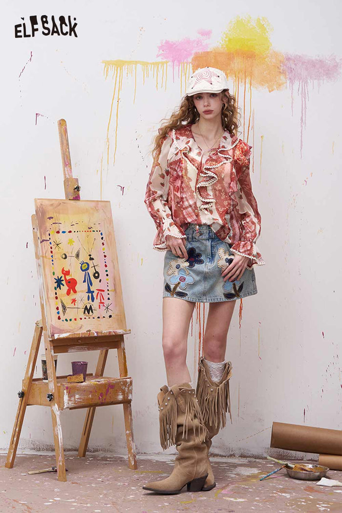 ELFSACK Strawberry Ruffled Chiffon Blouse