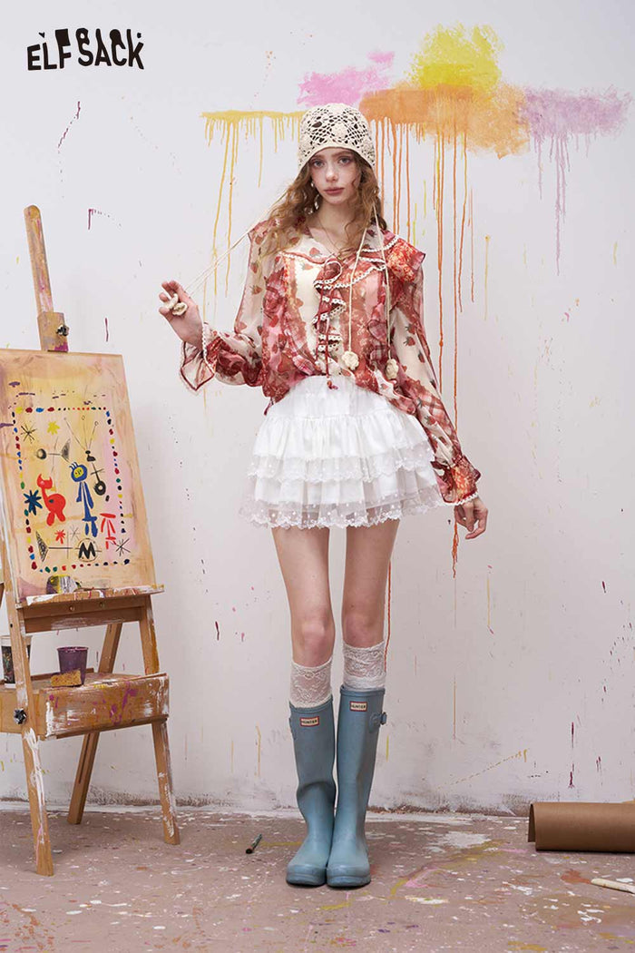 ELFSACK Strawberry Ruffled Chiffon Blouse
