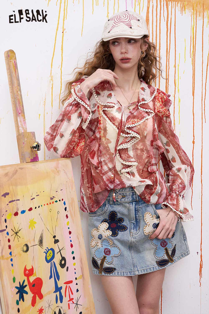 ELFSACK Strawberry Ruffled Chiffon Blouse
