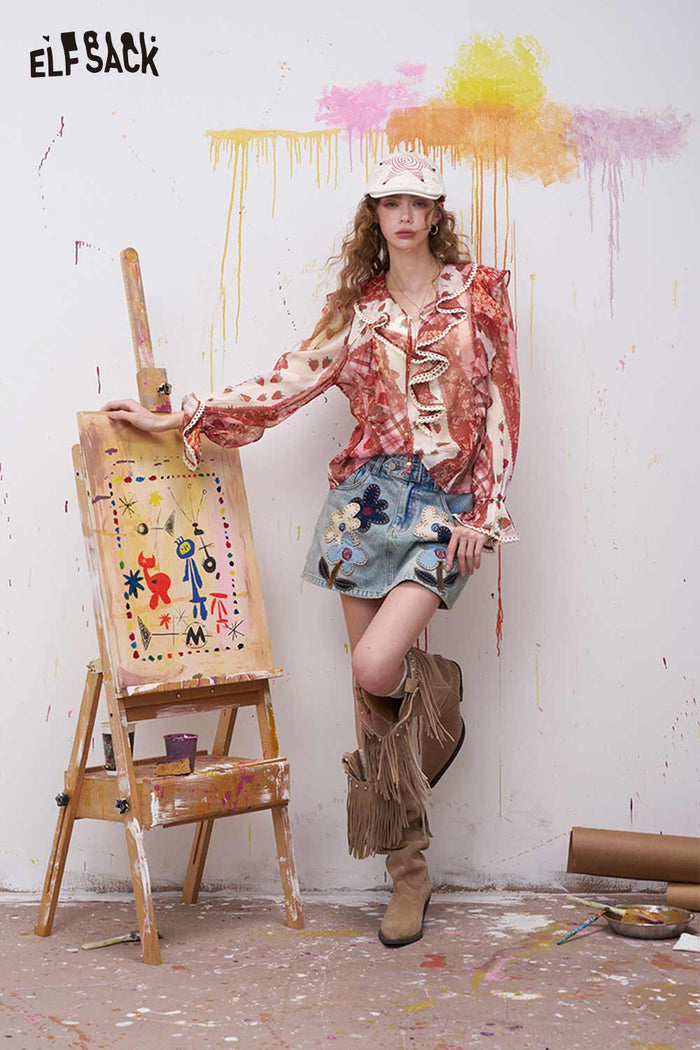 ELFSACK Strawberry Ruffled Chiffon Blouse