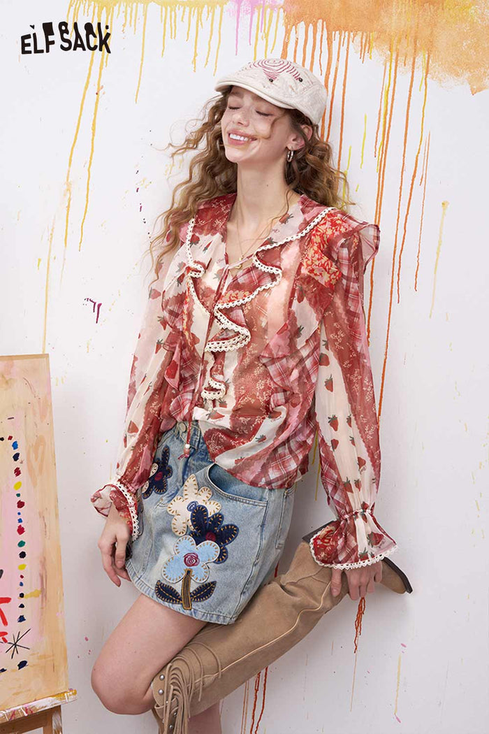 ELFSACK Strawberry Ruffled Chiffon Blouse