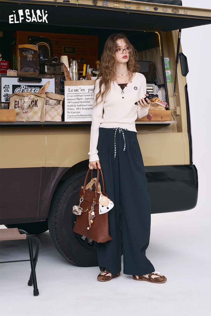ELFSACK Street Style Plaid Patchwork Wide-Leg Pants