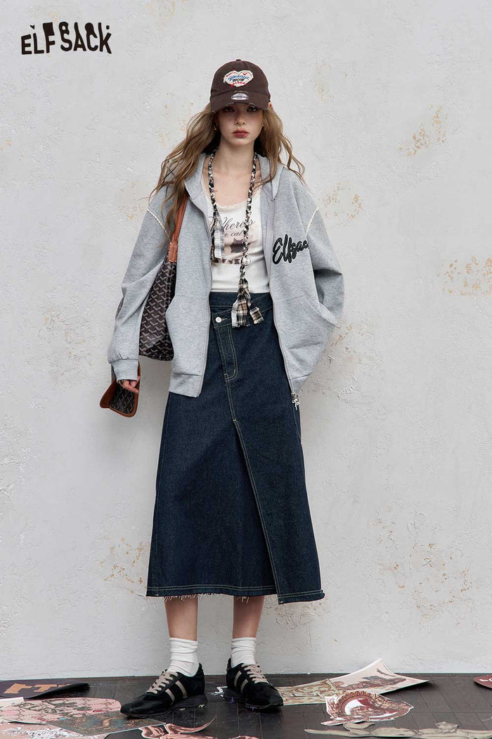 ELFSACK Stretch Denim Bias Cut Asymmetrical Hem Maxi Skirt