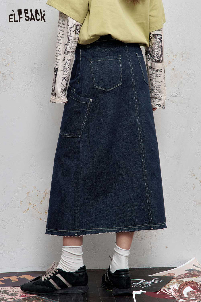 ELFSACK Stretch Denim Bias Cut Asymmetrical Hem Maxi Skirt