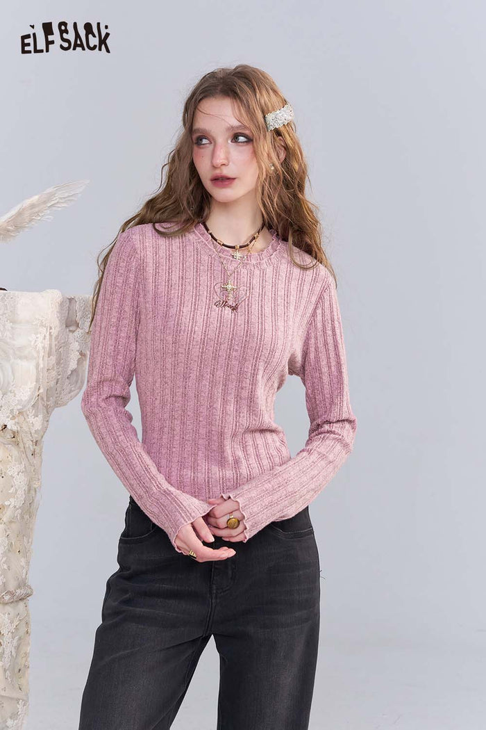 ELFSACK Stretch Knit Fitted Top with Minimalist Embroidery Essential Layering Piece