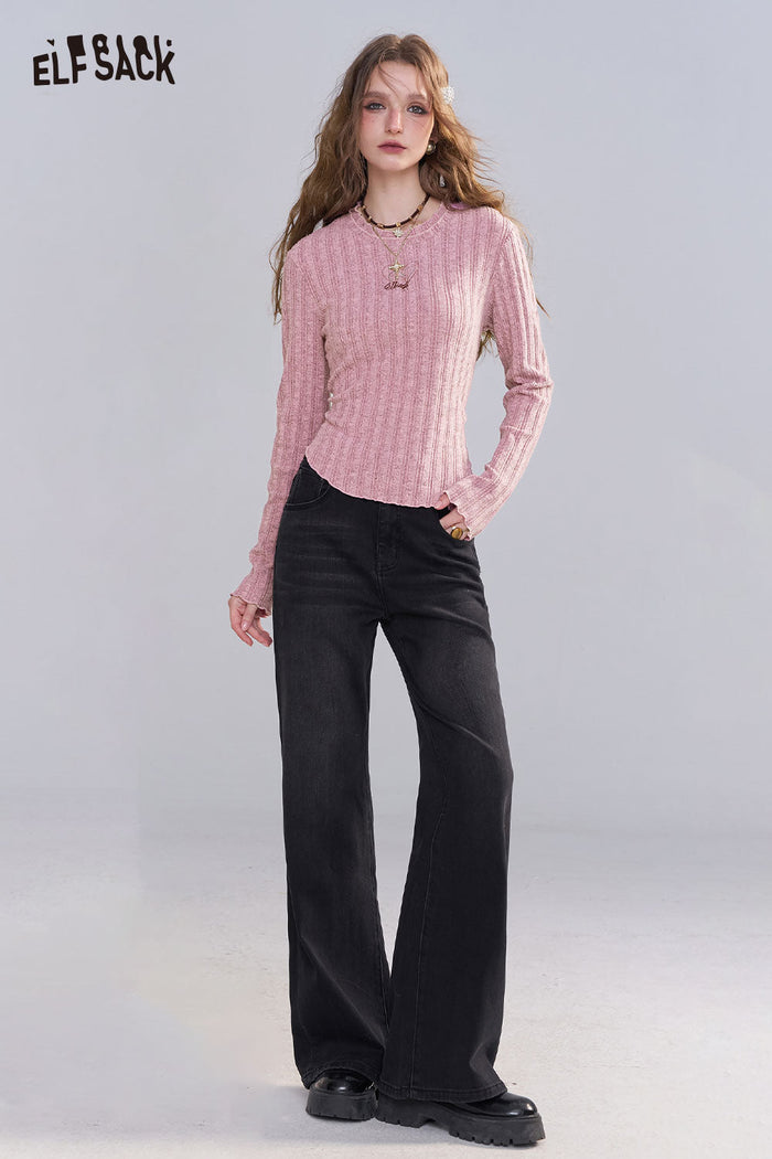 ELFSACK Stretch Knit Fitted Top with Minimalist Embroidery Essential Layering Piece