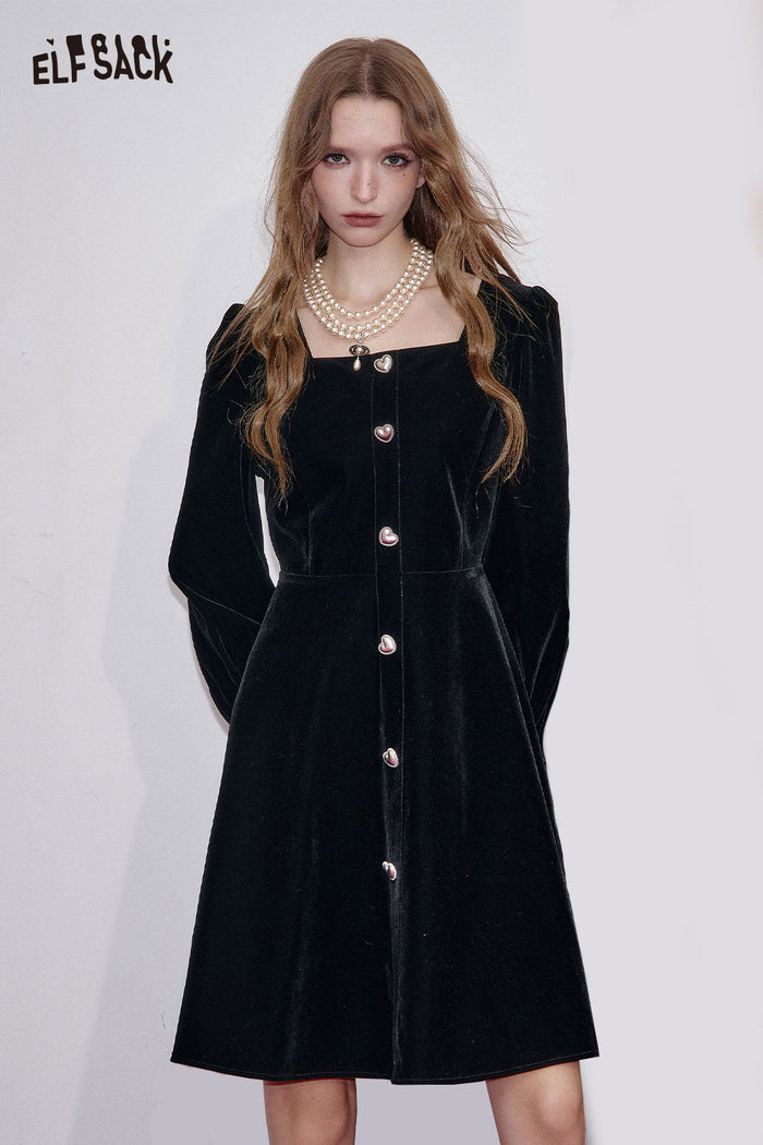 ELFSACK Stretch Poplin Square Neck Puffed Sleeves Dress