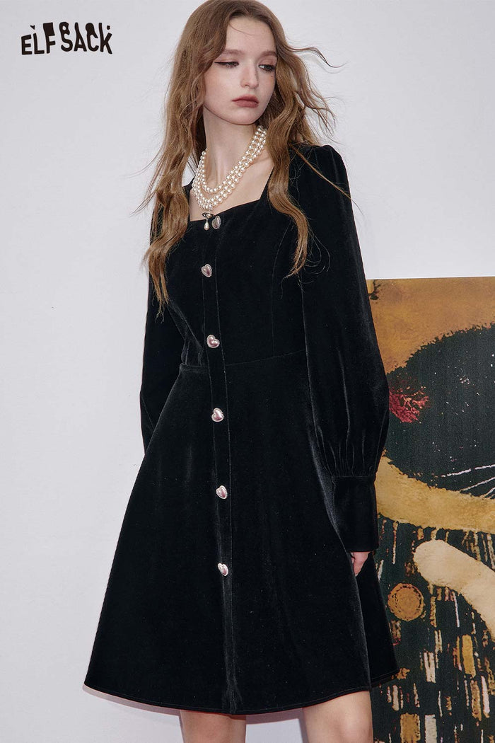 ELFSACK Stretch Poplin Square Neck Puffed Sleeves Dress