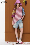 ELFSACK Striped Asymmetric Color-Block T-Shirt