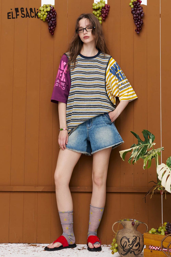 ELFSACK Striped Asymmetric Color-Block T-Shirt
