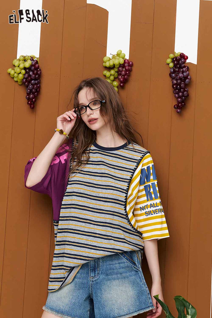 ELFSACK Striped Asymmetric Color-Block T-Shirt