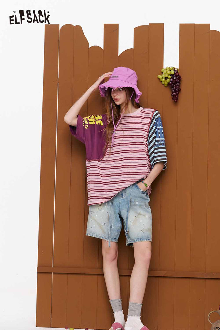 ELFSACK Striped Asymmetric Color-Block T-Shirt