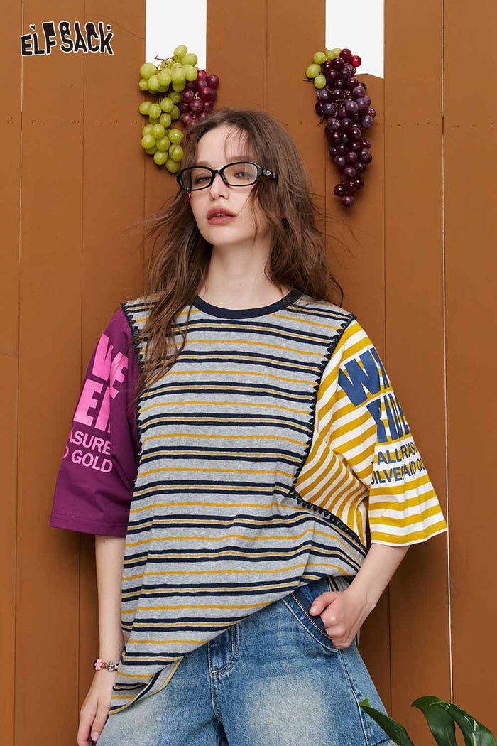 ELFSACK Striped Asymmetric Color-Block T-Shirt