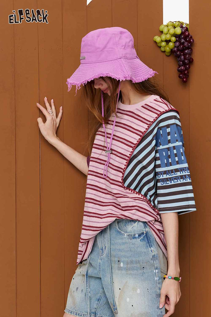 ELFSACK Striped Asymmetric Color-Block T-Shirt