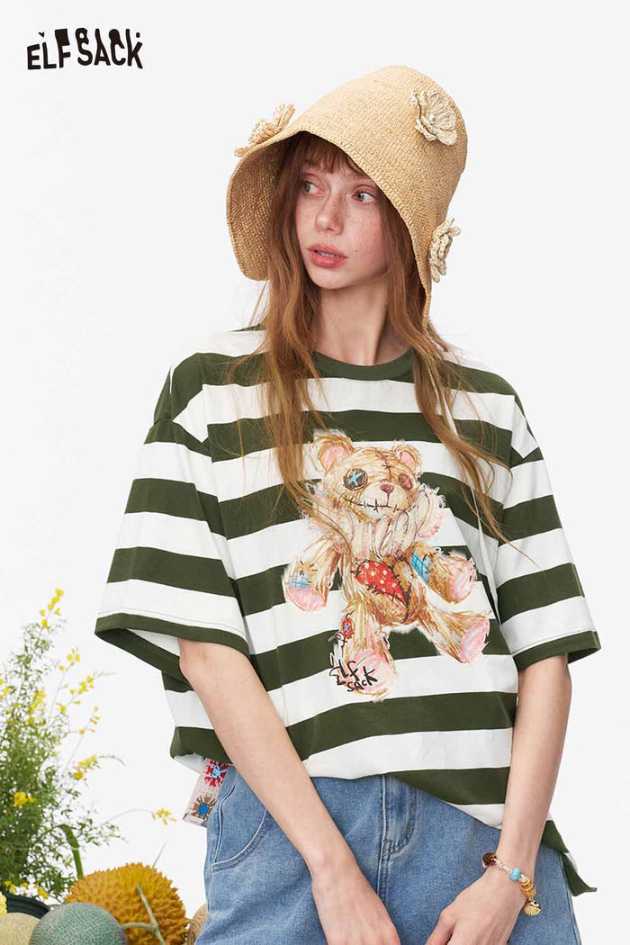 ELFSACK Striped Bear Print Oversized Loose Tee