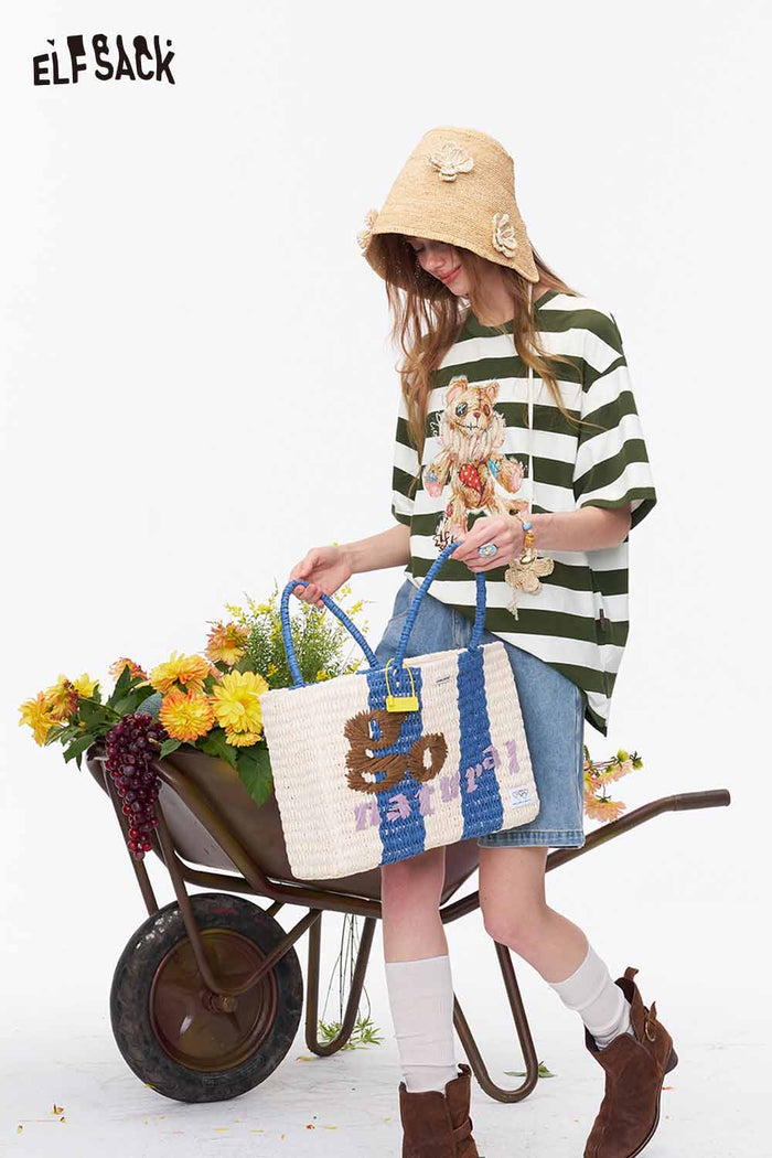 ELFSACK Striped Bear Print Oversized Loose Tee