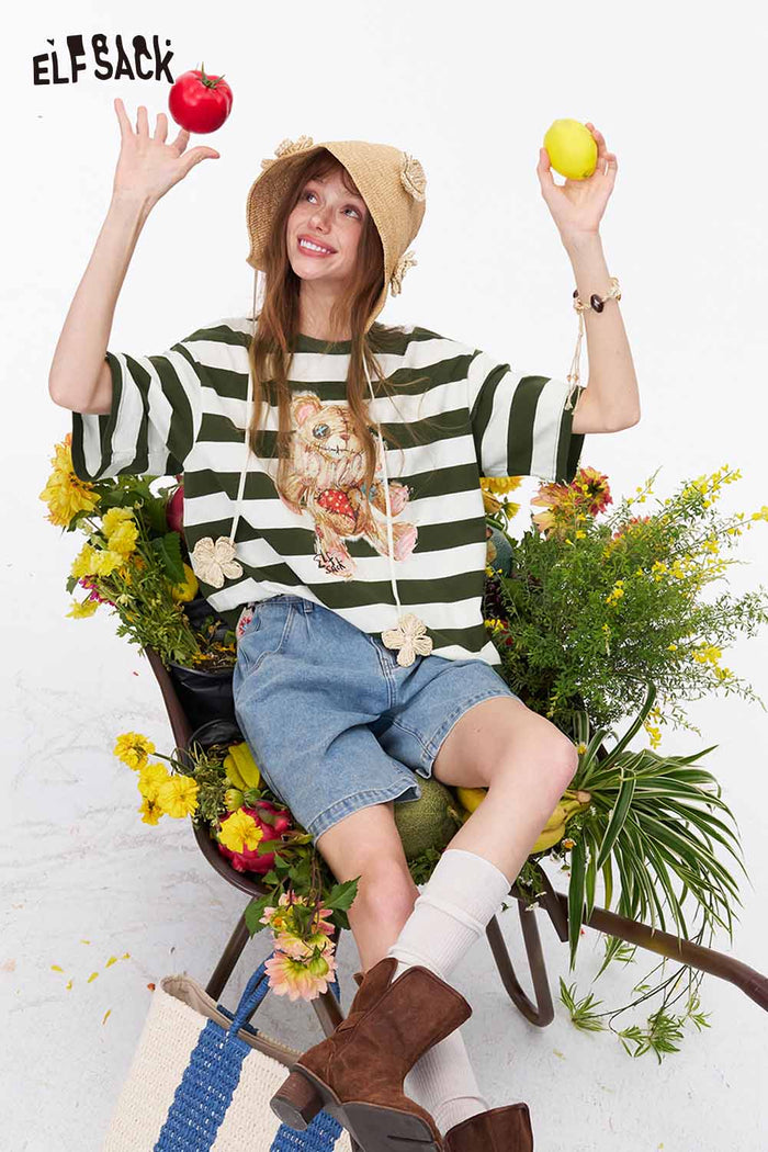 ELFSACK Striped Bear Print Oversized Loose Tee