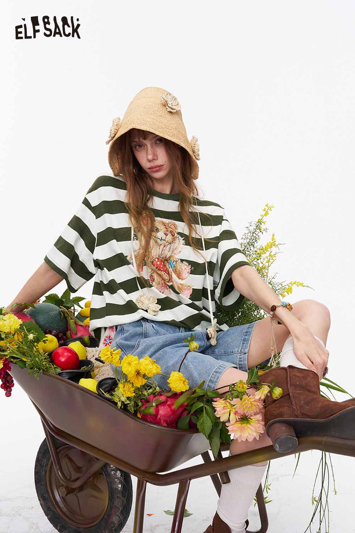 ELFSACK Striped Bear Print Oversized Loose Tee