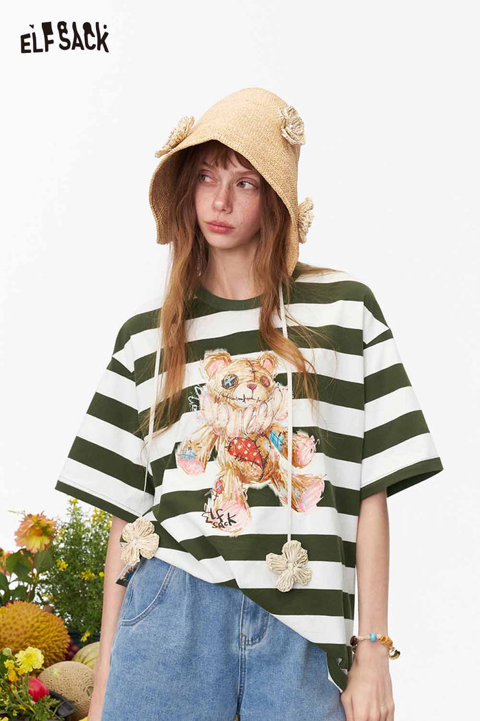 ELFSACK Striped Bear Print Oversized Loose Tee