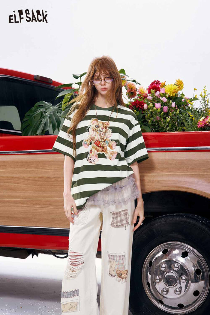 ELFSACK Striped Bear Print Oversized Loose Tee