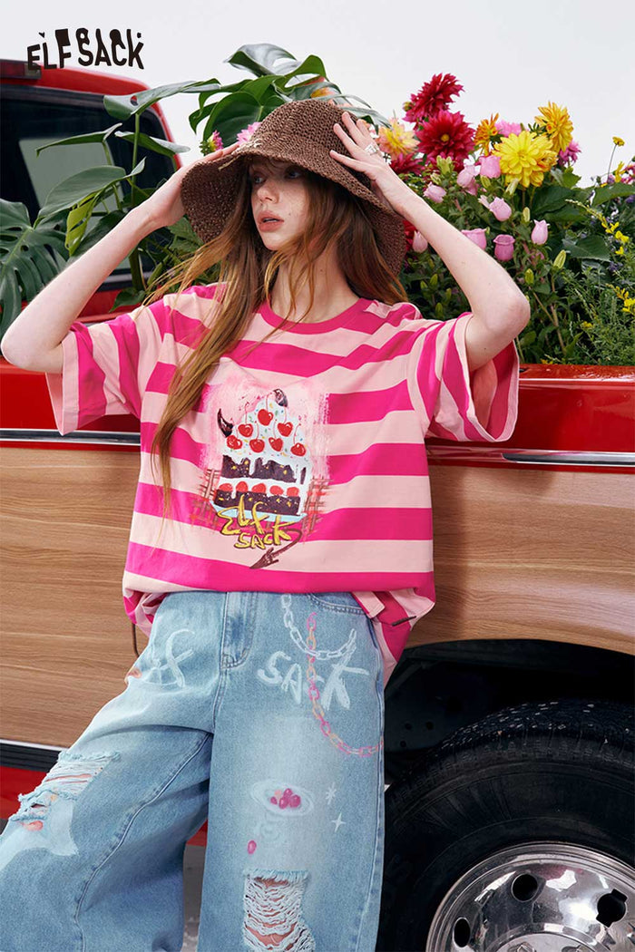 ELFSACK Striped Cake Cherry Print Oversized T-Shirt