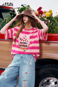 ELFSACK Striped Cake Cherry Print Oversized T-Shirt