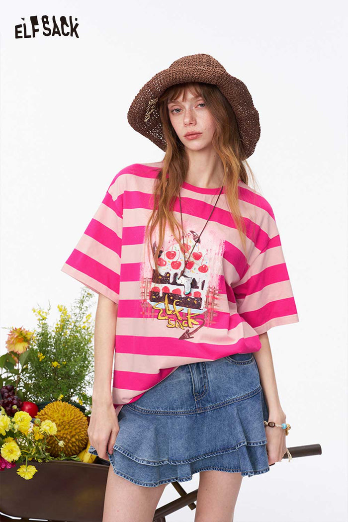 ELFSACK Striped Cake Cherry Print Oversized T-Shirt