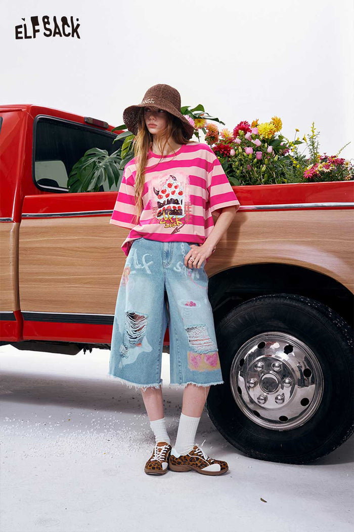 ELFSACK Striped Cake Cherry Print Oversized T-Shirt