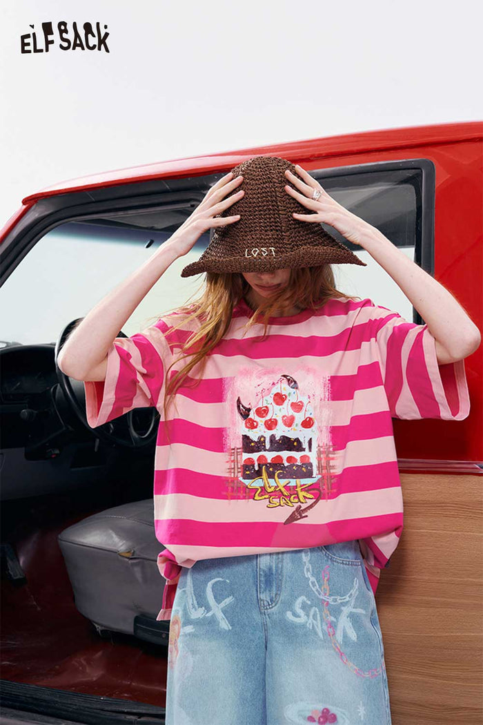 ELFSACK Striped Cake Cherry Print Oversized T-Shirt