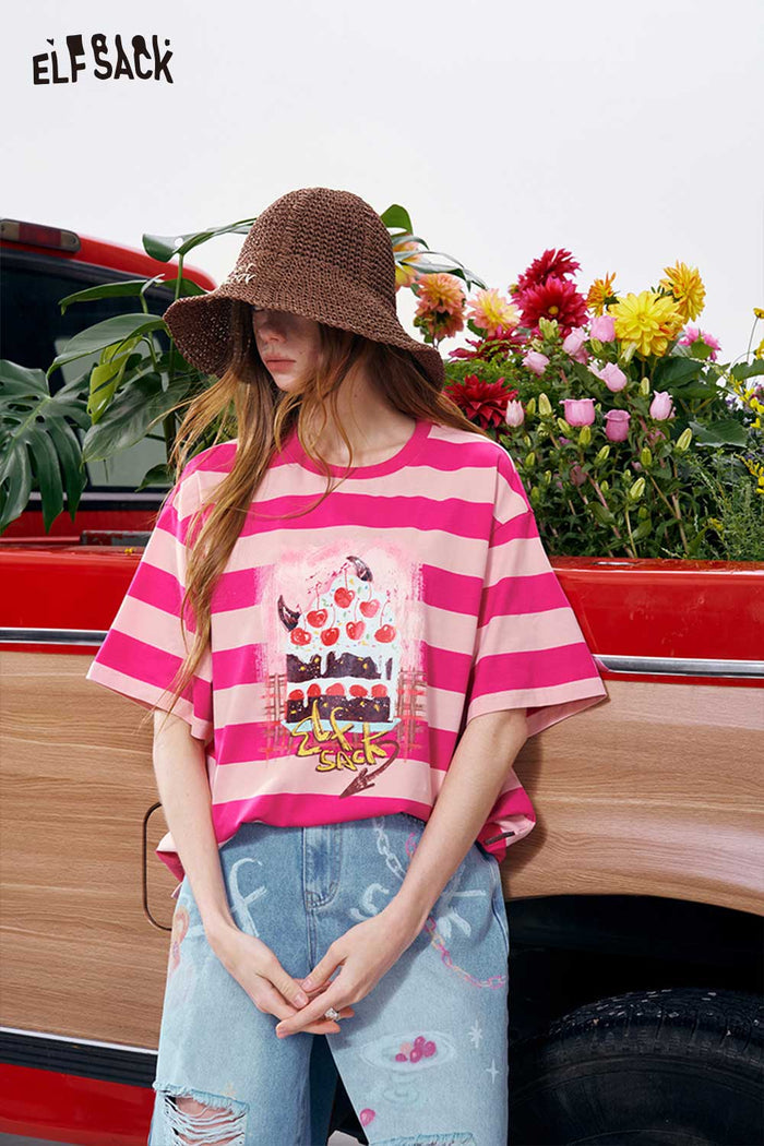 ELFSACK Striped Cake Cherry Print Oversized T-Shirt