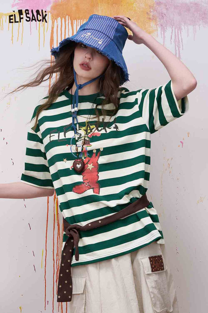 ELFSACK Striped Cartoon Print Tee