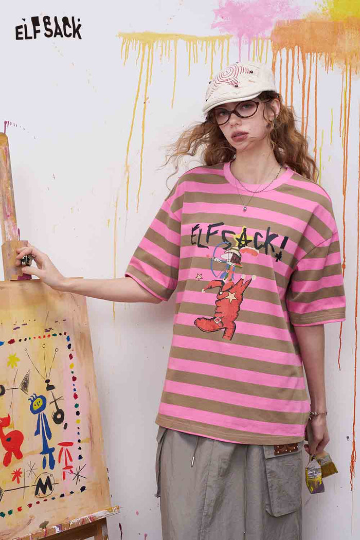 ELFSACK Striped Cartoon Print Tee