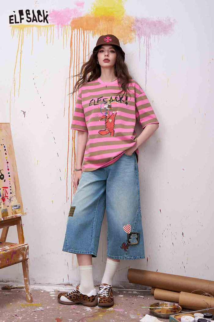 ELFSACK Striped Cartoon Print Tee